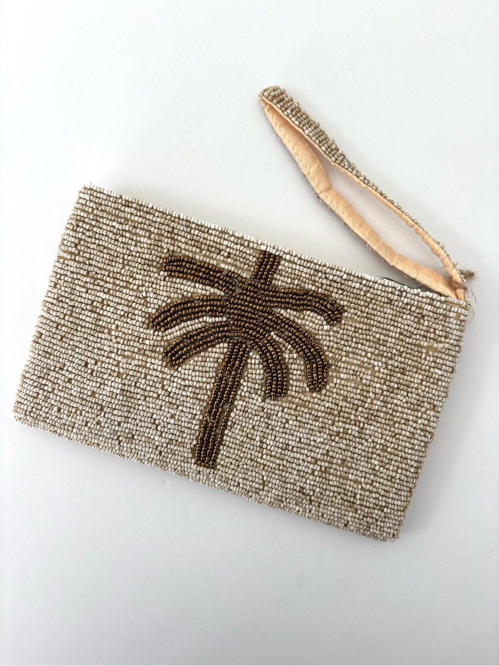 Pineapple Island Palm Tree Pouch Wristlet Clutch NWT Hand Beaded Cream/Bronze